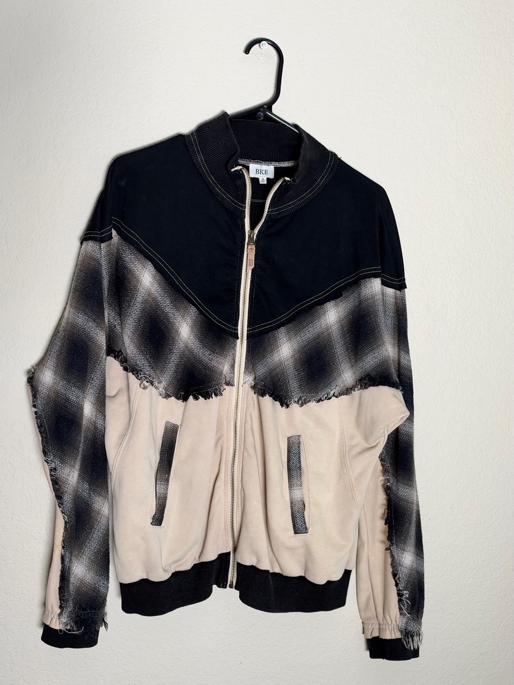 BKE Pieced Plaid Jacket Plaid Patchwork Bomber